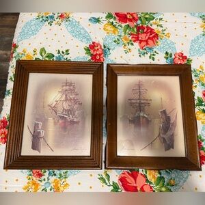 Vintage Nautical Ship Art in Wooden Frames